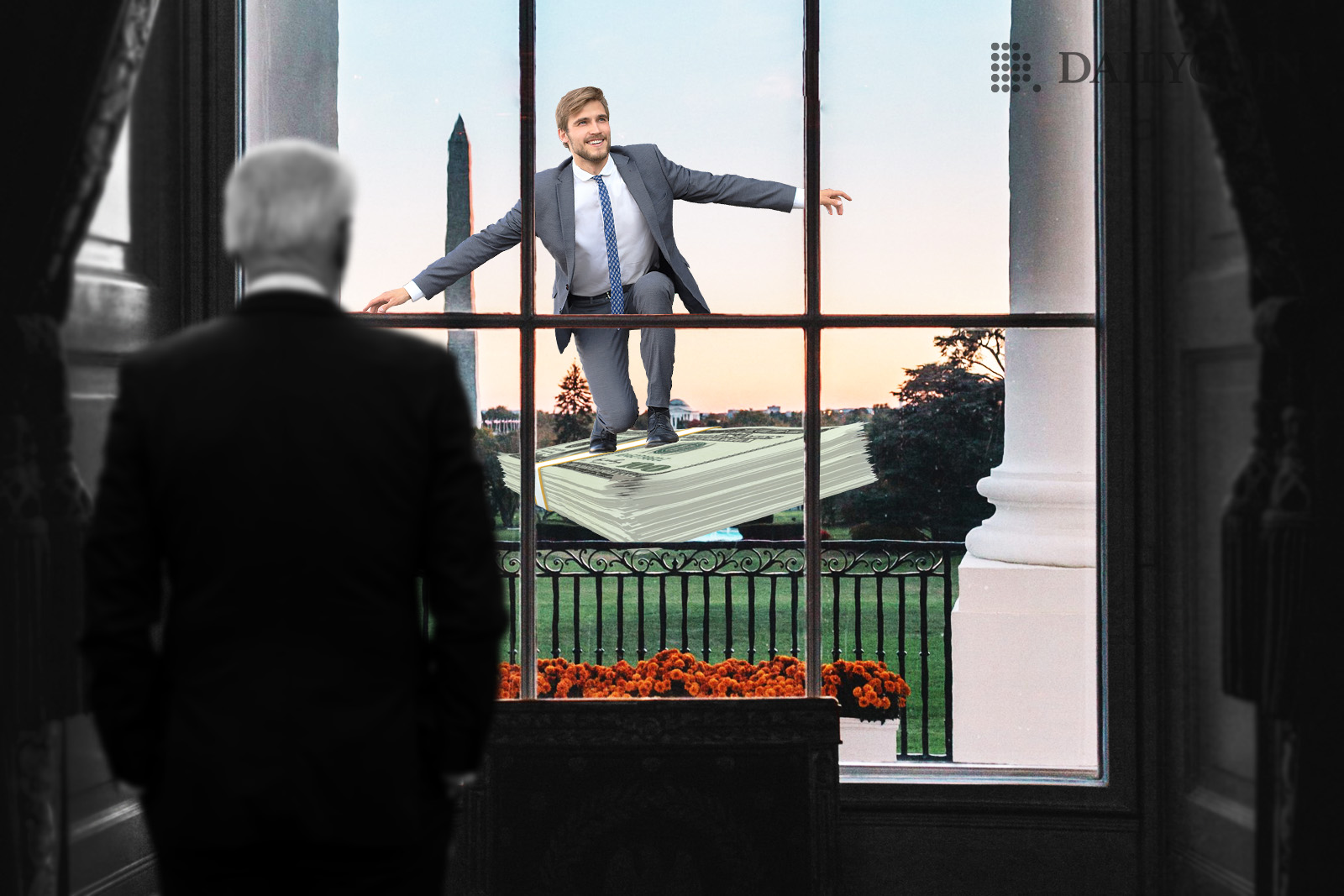 Man standing on a pile of money in front of Biden's White House window, as the president is looking outside.