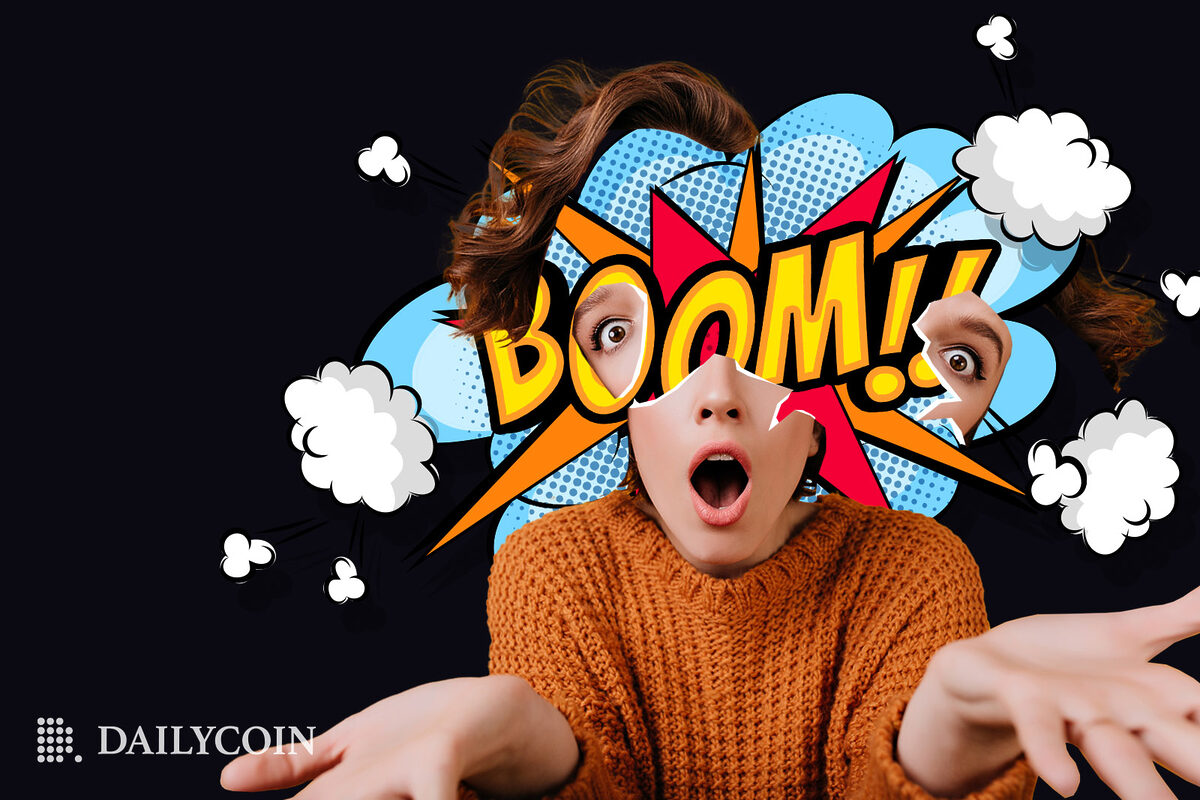 Cartoon boom sign on a surprised woman's face.
