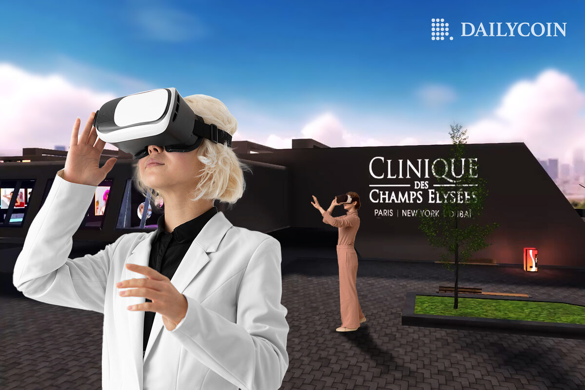 Woman wearing a lab coat and VR googles in front of a metaverse clinic