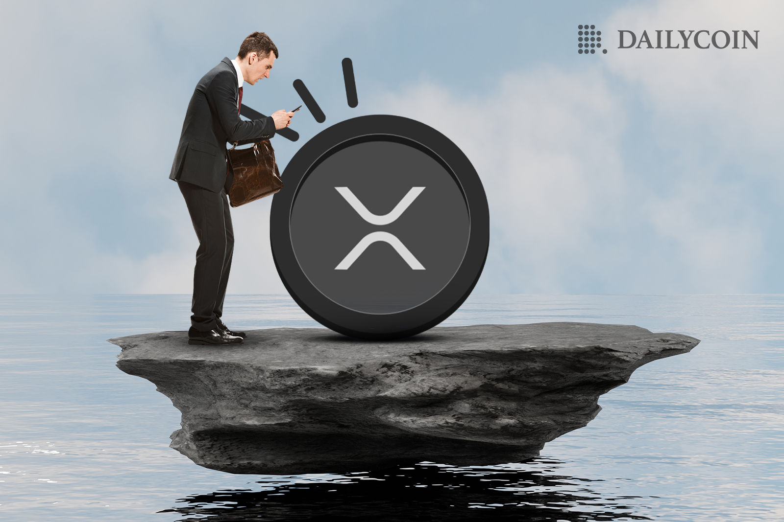 A man in a suit taking a photo of XRP token while standing on a rock platform above the water.