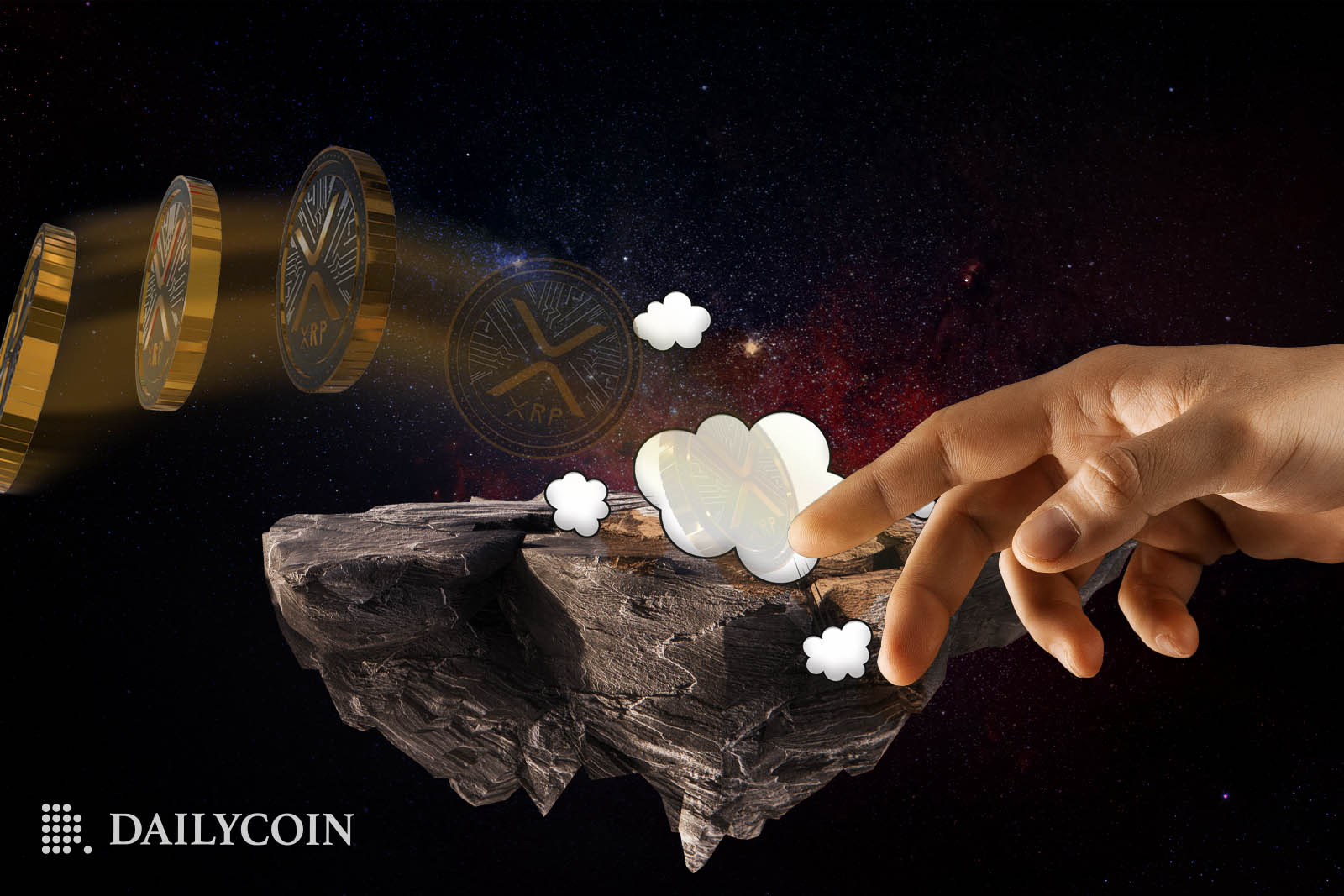 A human hand brushing XRP tokens off of a tiny floating rock in outer space.