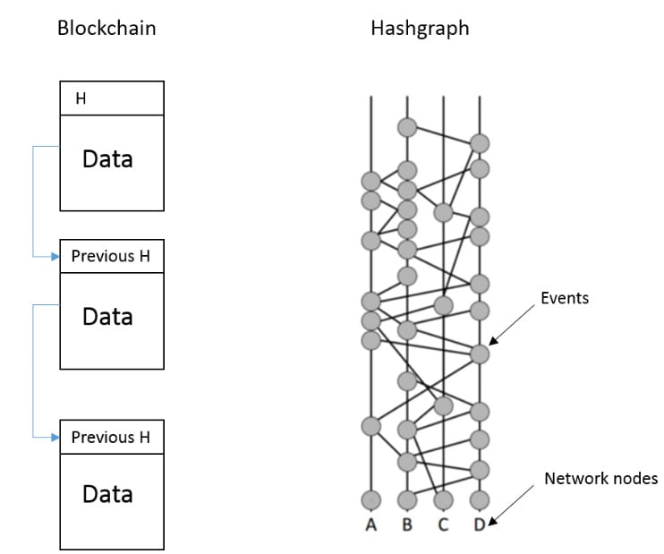 Blockchain vs hashgraph diagram.