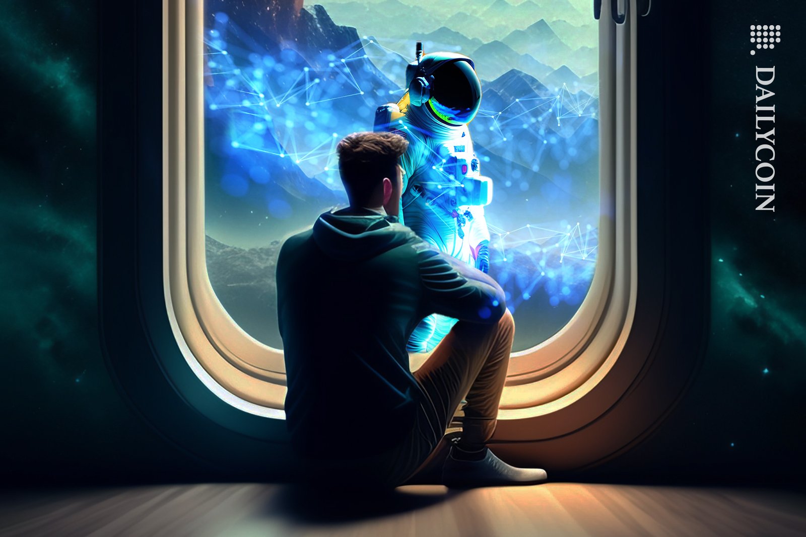 A Man sitting in front of an aquarium window, looking out at another man in an aqua suit surrounded by blockchain-shaped waves.