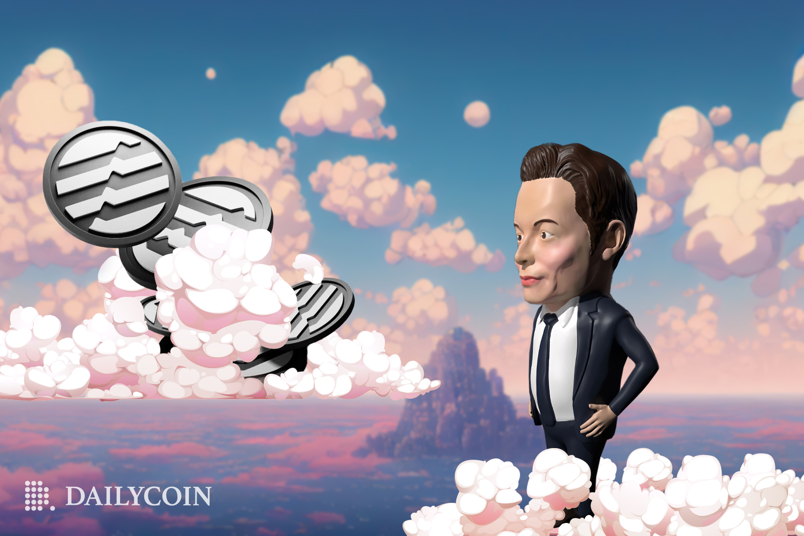 Elon Musk figurine standing above the clouds and staring at floating Aptos tokens.