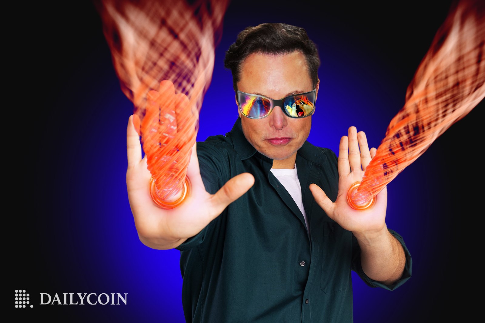 Elon Musk with shiny sunglasses transmitting orange Dogecoins through his palms.