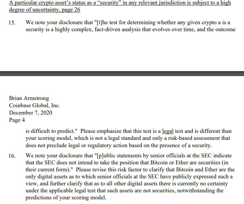 Excerpt of SEC letter to Coinbase on Dec. 7, 2020.