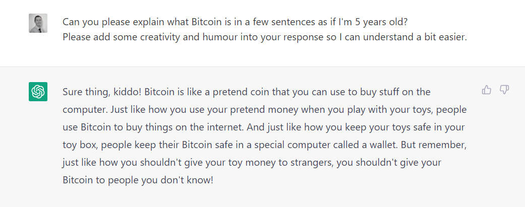 screenshot asking artificial intelligence to explain Bitcoin to a fiver year old