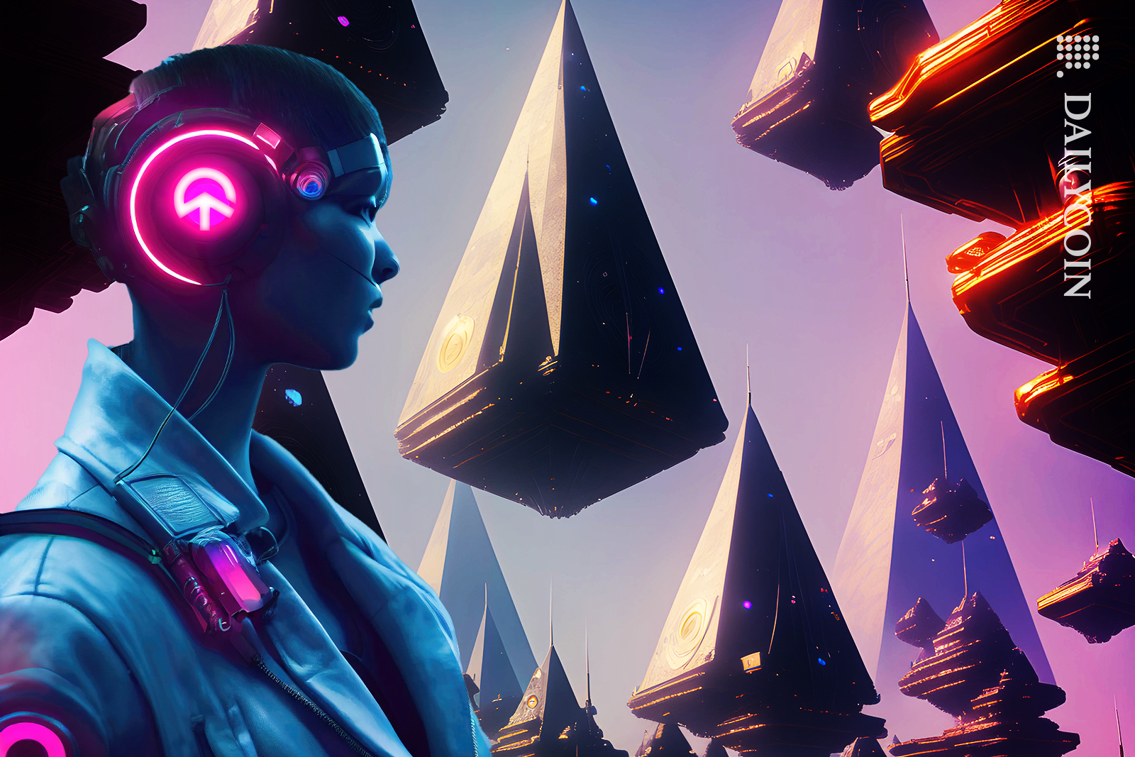 A robot of a woman with pink tomi headphones looking at floating glass pyramids.