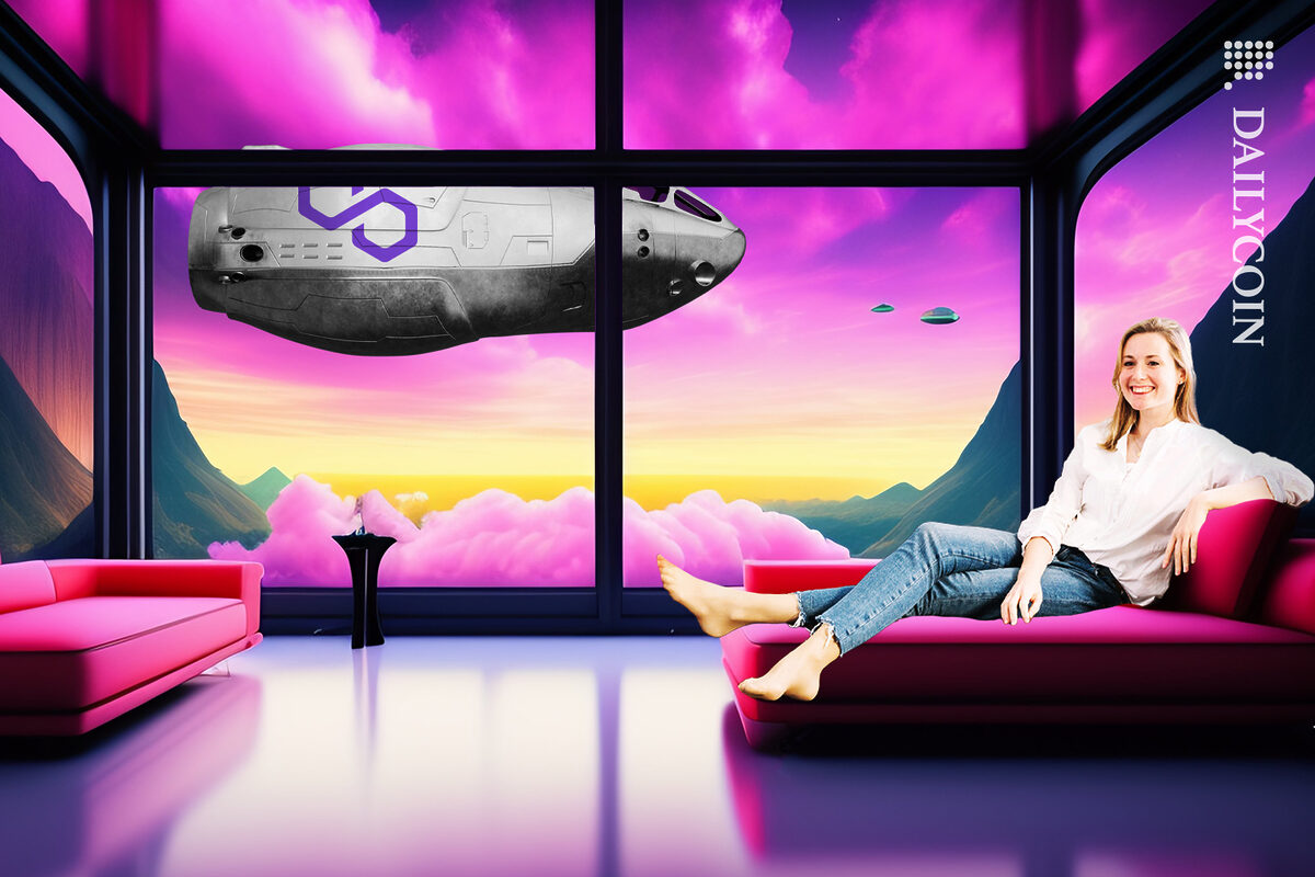 Girl sitting happy in her home on her sofa, through the window there is a flying spaceship with Polygon logo in a purple land.