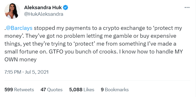 Aleksandra Huk tweet explaining Barclays block for using crypto exchange.