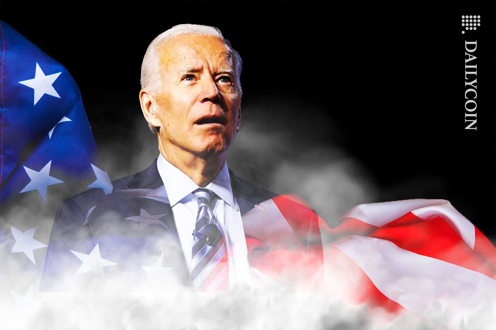 Joe Biden emerging from the American flag and fog whilst looking very confused staring into the distance.