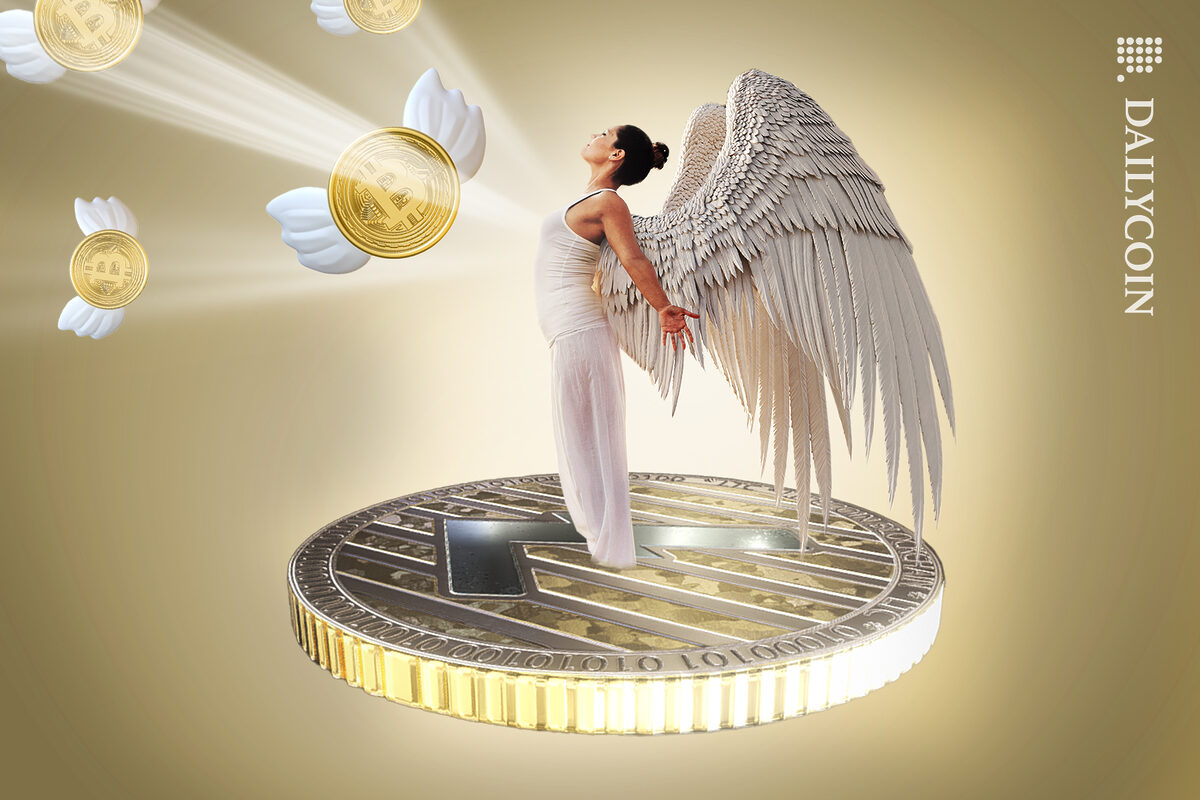 Angel standing on a Litecoin with a light beaming through her chest. Next to her, Bitcoins flying with wings.