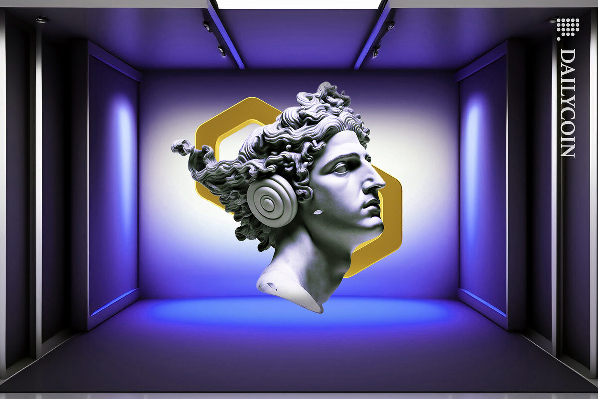 Greek sculpture head in a gallery setting in front of a golden Polygon logo.