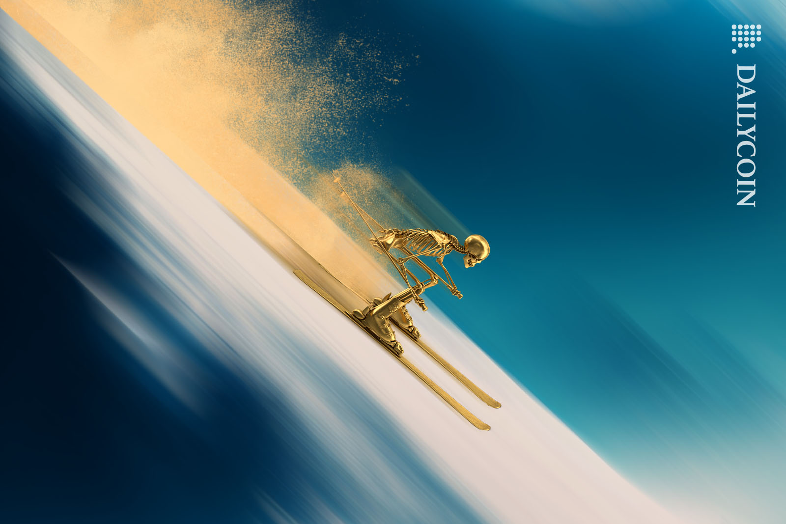 A golden skeleton skiing down an avalance with high speed.