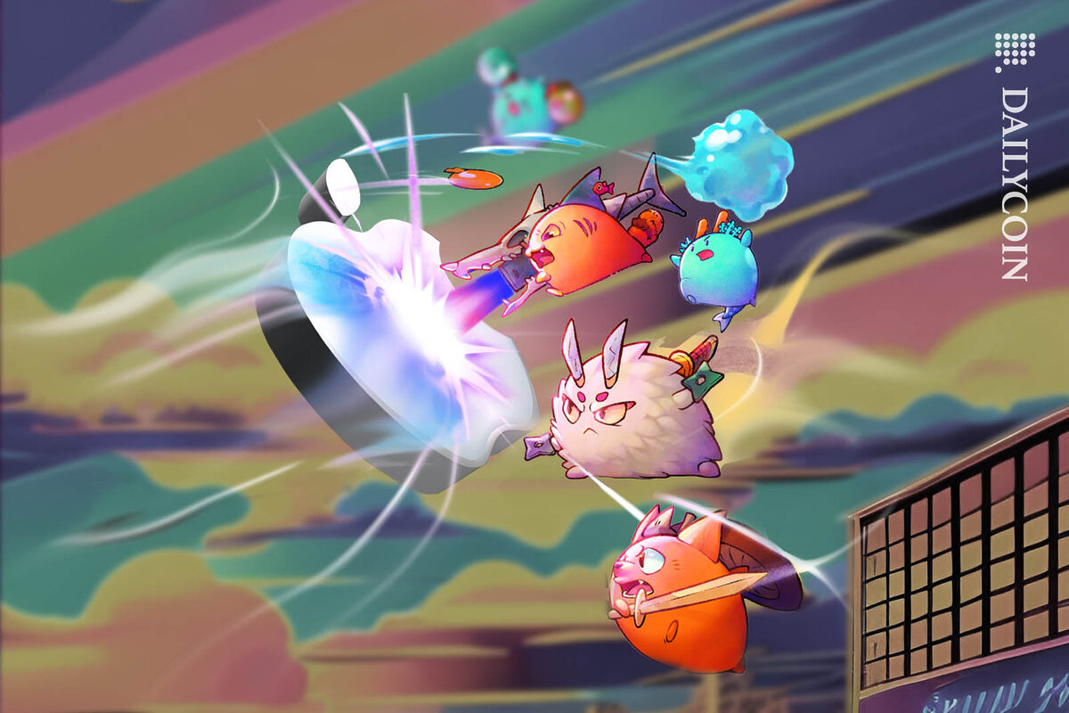 Axie Infinity characters attacking a 3D Apple logo above a city skyline.
