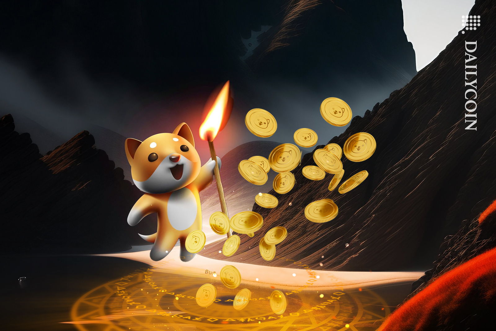 Baby shiba on a track surrounded by mountains is holding a match stick and discovering a magic portal with Babydoge coins going into the air.