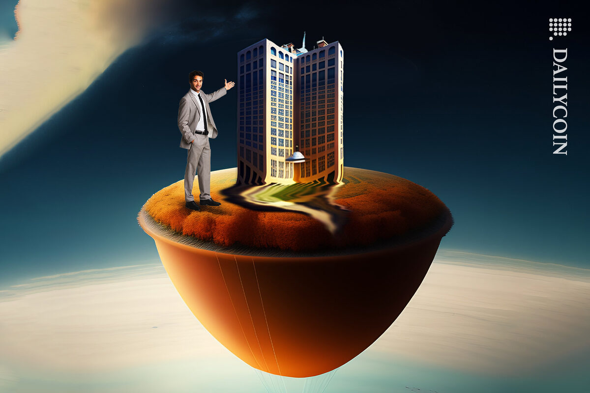 Melting bank building on an island with a man standing and pointing at it.