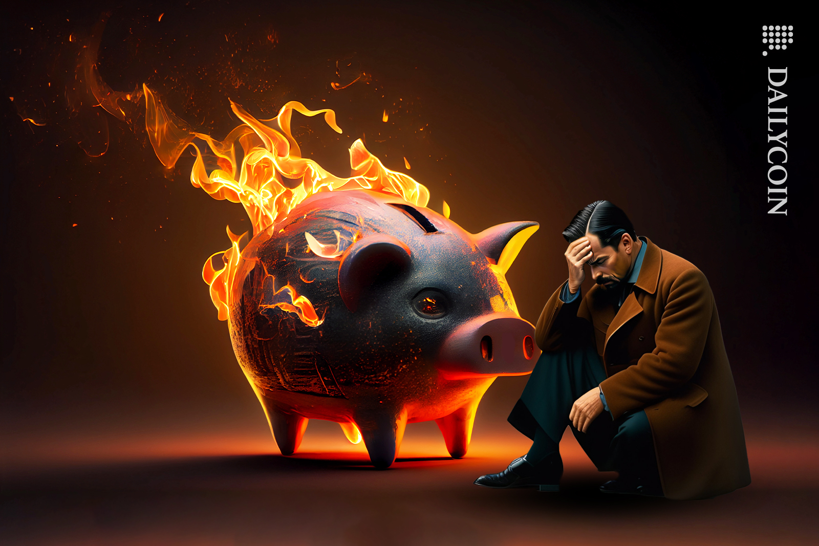 Man kneeling next to piggy bank on fire looking disappointed.