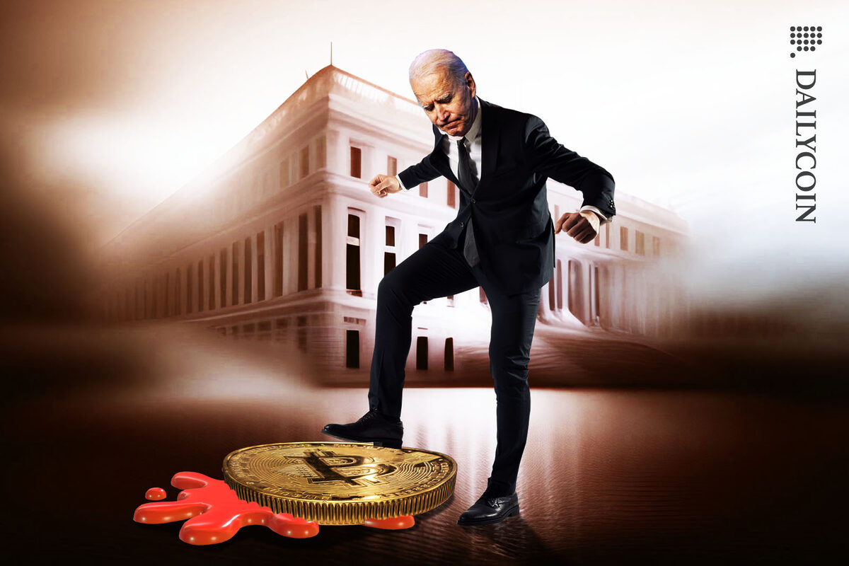 Joe Biden kicking a Bitcoin to death in front of the Whitehouse.