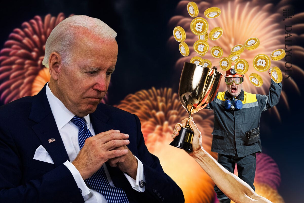Joe Biden looking down, his hands together in front of a celebrating miner holding a trophy with bitcoins beaming out.