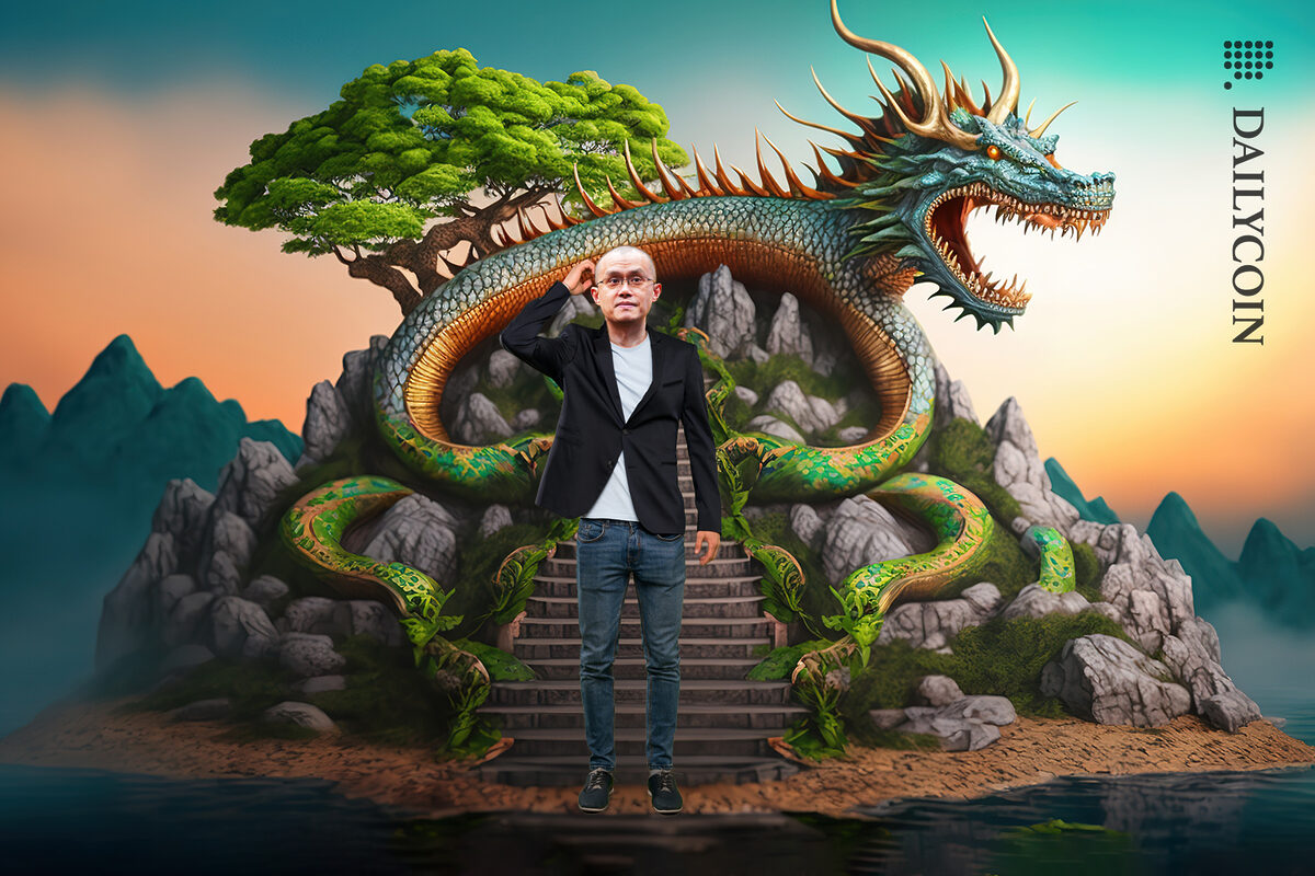 Binance CEO CZ scratching head in front of stairs leading towards a Chinese dragon island.