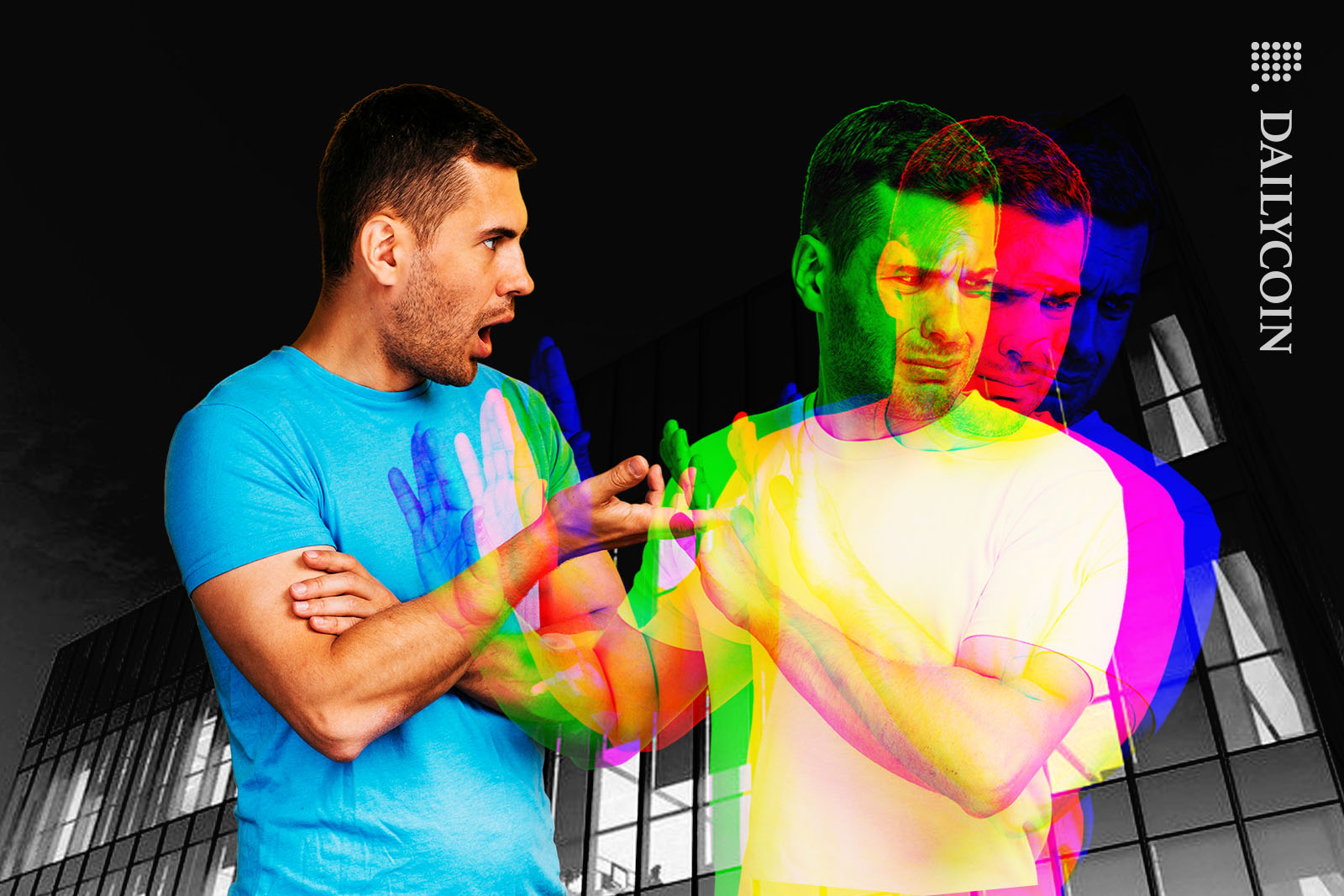 Man arguing with himself infont of Binace's Canadian HQ, one of him splits into RGB colours.