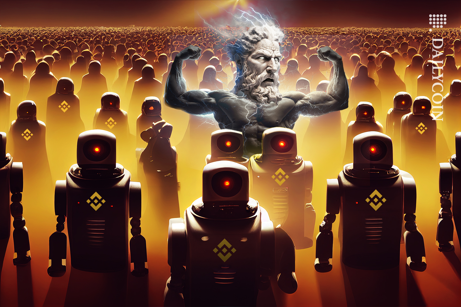 Army of binance robots with an angry lightning God in the middle.