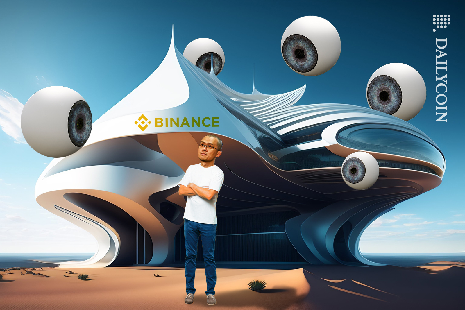 Binance CEO Changpeng Zhao standing next to his office building surrounded by floating eyes.
