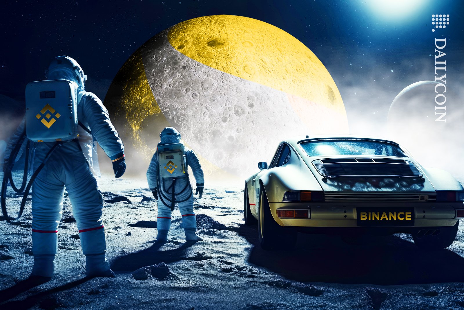 Binance astronauts arriving at Terra Luna moon together with a yellow Binance car.