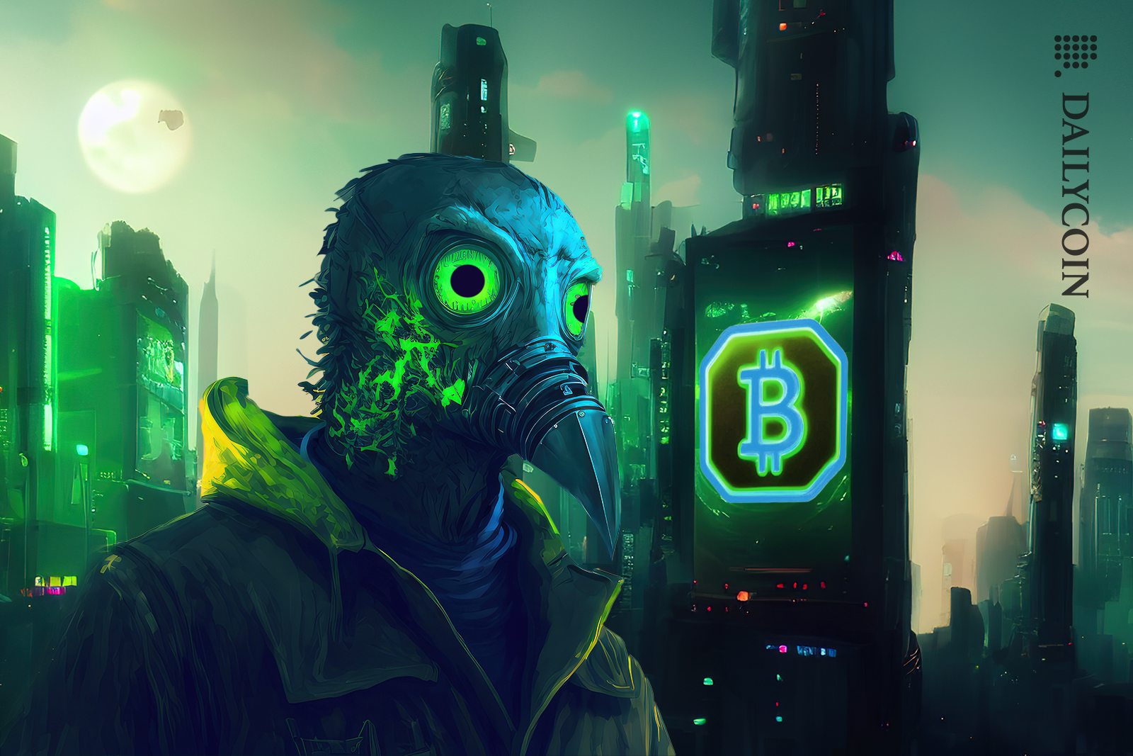 Plague doctor with wide eyes at a green toxic city with Bitcoin billboard behind him.