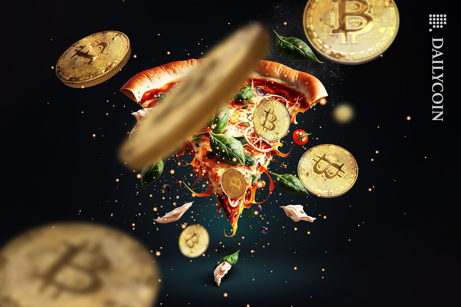 Slice of pizza exploding into ingrediends and bitcoins.