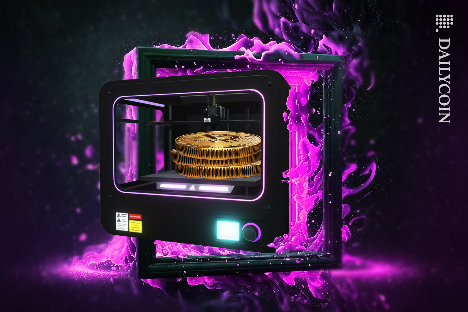 3D printer printing Bitcoins out of a magic box splashed with pink paint.