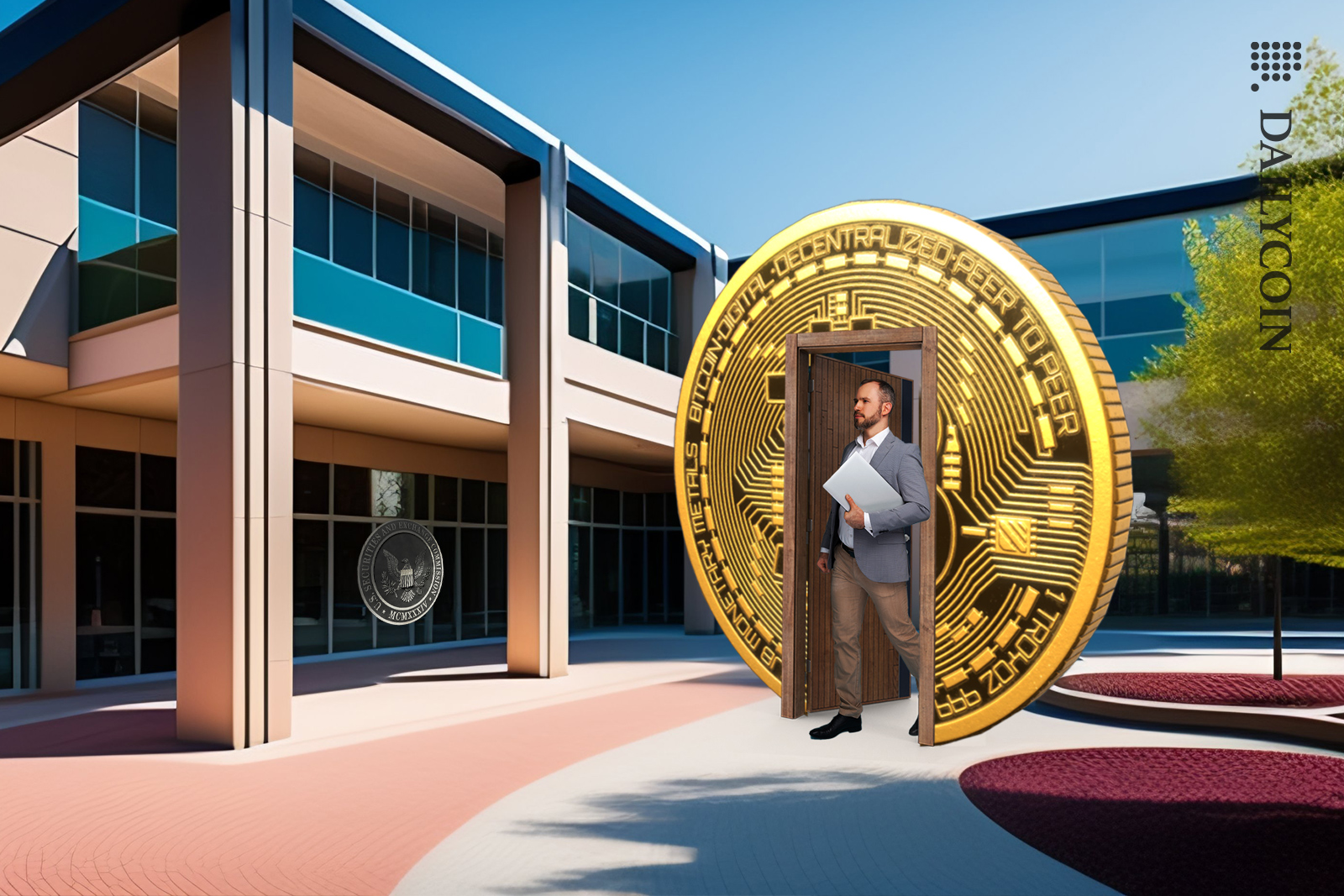 Man walking through a bitcoin door, with documents, to the SEC building.