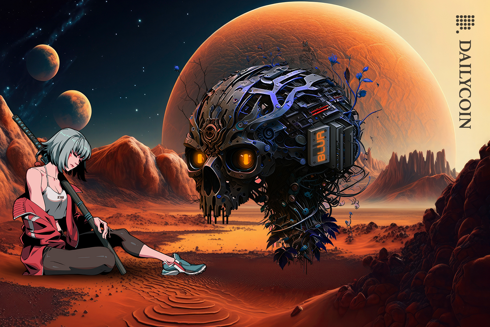 Mars planet illustration with a huge robot tech skull looking at Azuki NFT sitting on the ground disappointed.