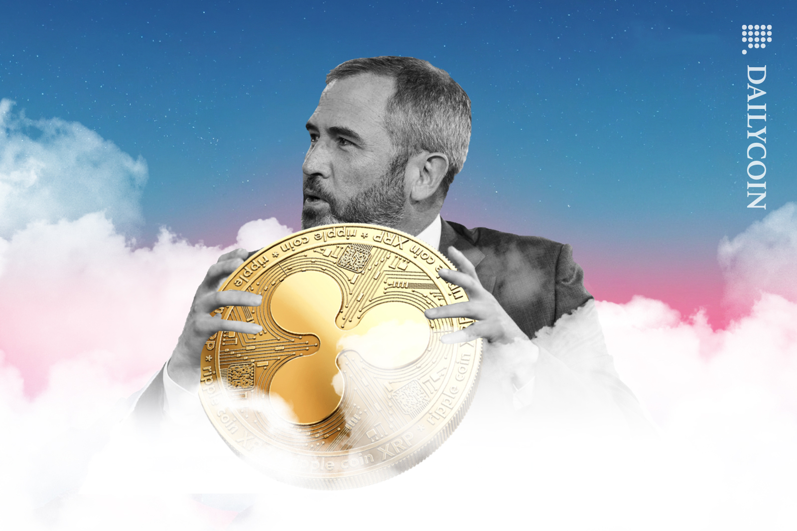 Brad Garlinghouse holding a big Ripple coin, facing left in the clouds.