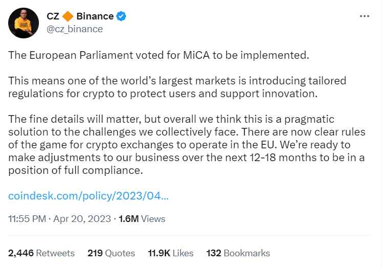 MiCA crypto regulation supported by CZ.