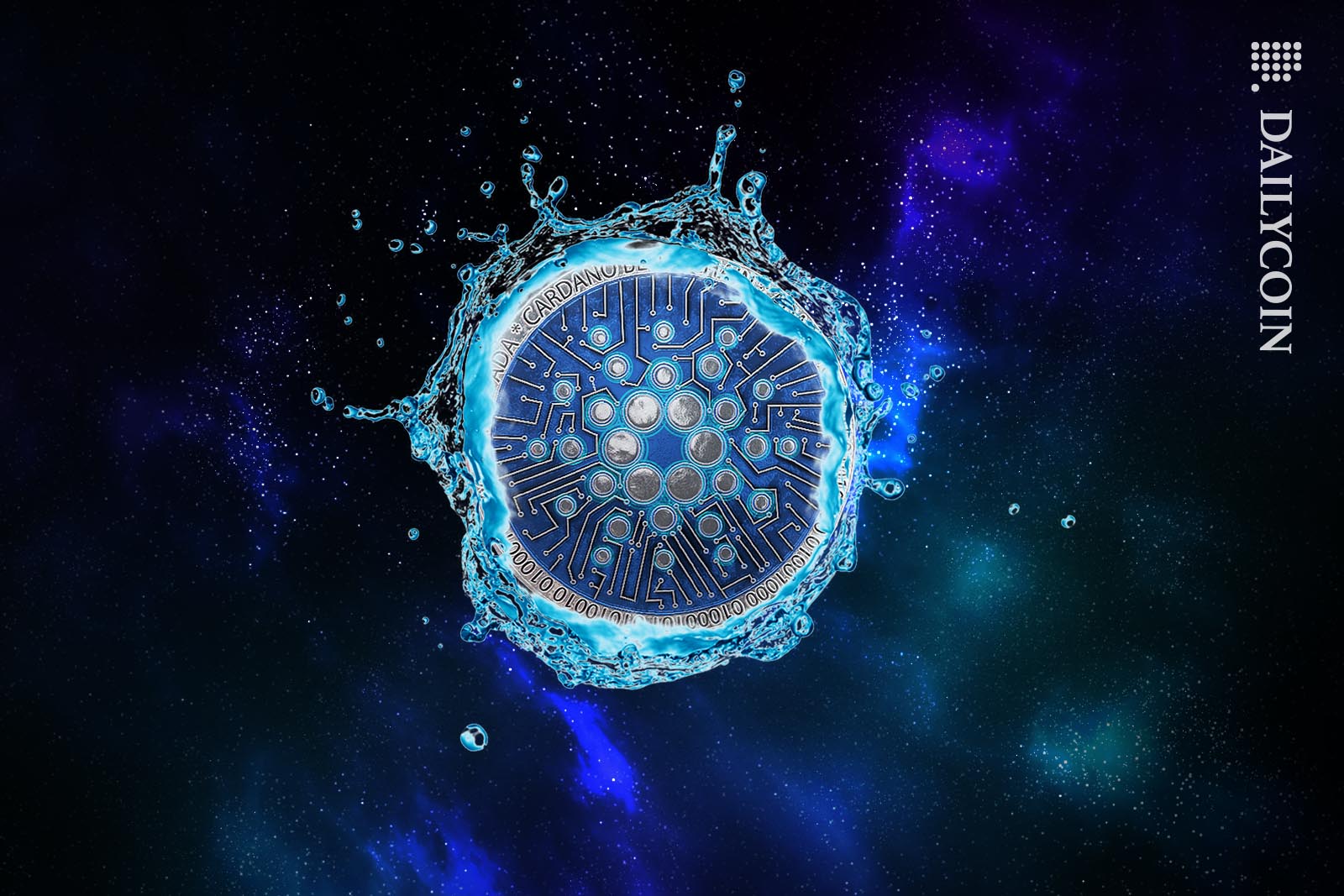 A Cardano coin with water splashing out of it floating in deep space.