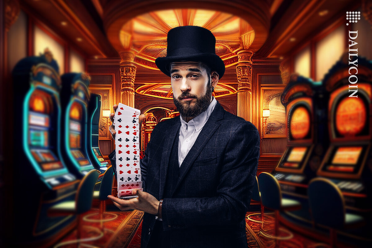 Man in a top hat, playing with cards in the middle of a casino.