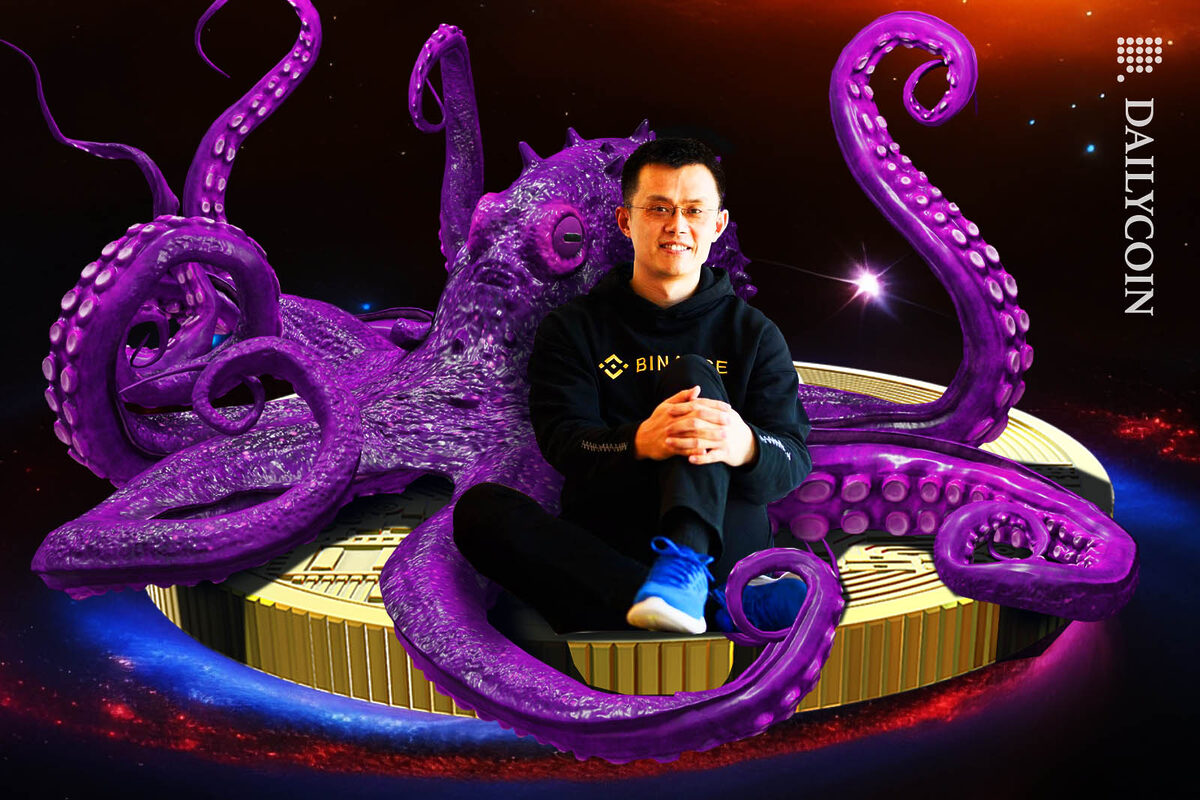 Changpeng Zhao and a purple octopus sharing space on a large coin floation in outter space.