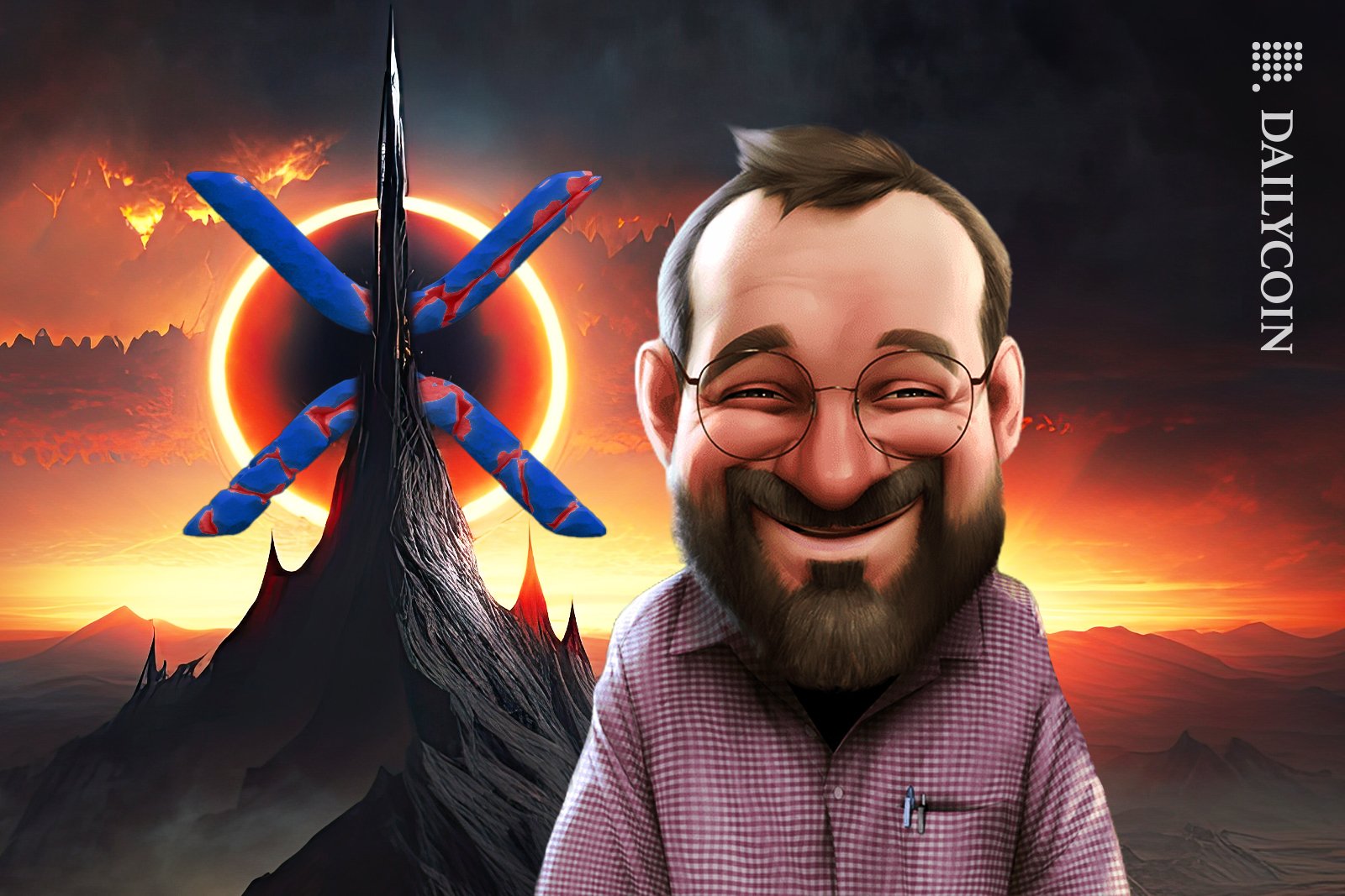 Charles Hoskinson cartoon smiling face front. Dagger mountain in the background, circle of fire and XRP logo in the centre.