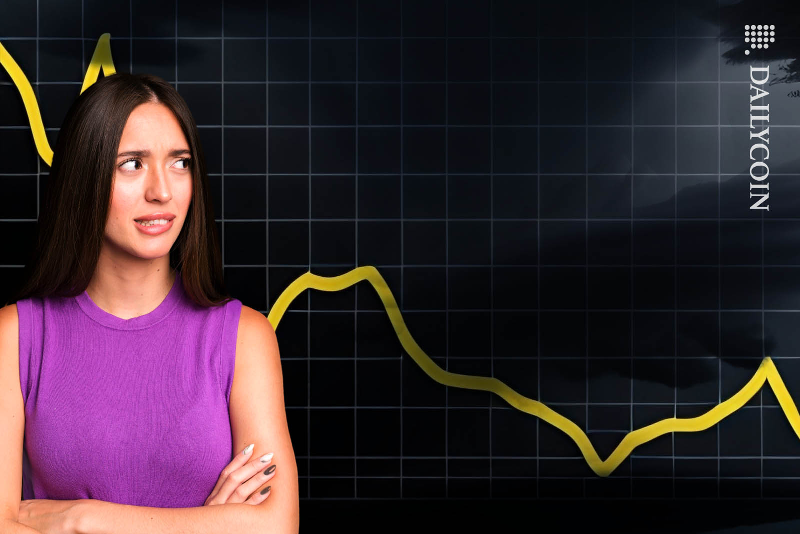 Very disappointed woman looking at a downtrend chart.