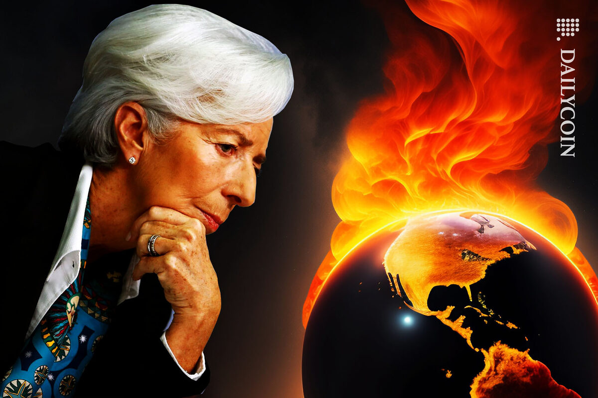 Christine Lagarde looking at a burning Earth.