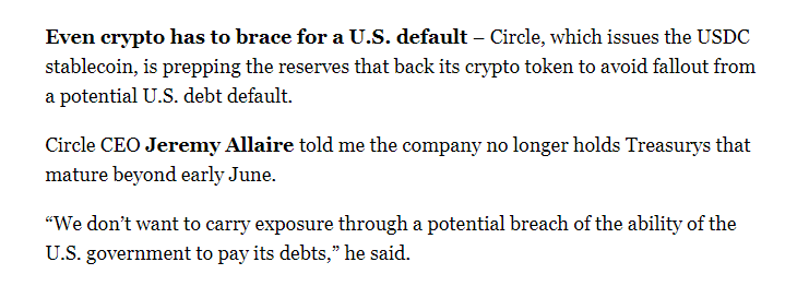 Comments made by the CEO of Circle Jeremy Allaire mentioning what the company is doing in order to brace for a U.S default. Source: POLITICO