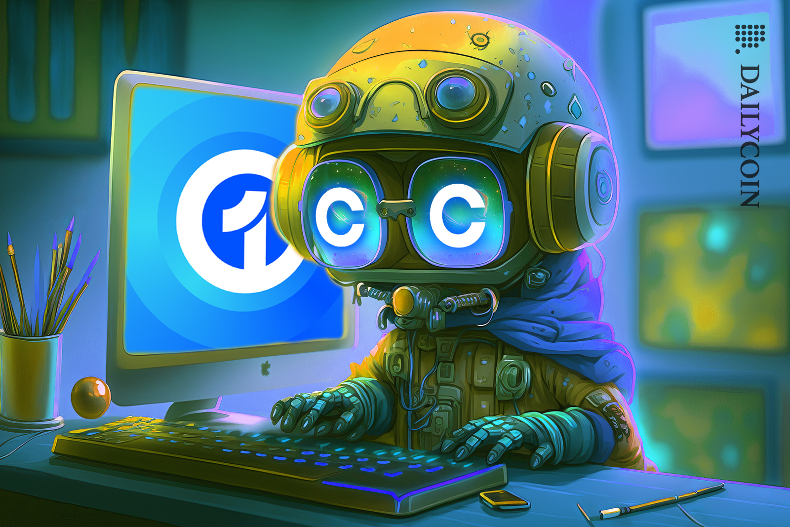 Coinbase One subscription on a computer screen next to a robot with Coinbase 'c' logo eyes using the keyboard.