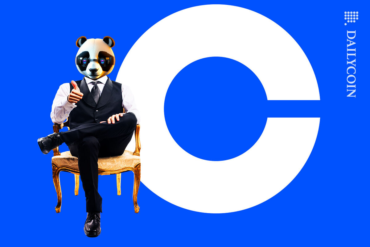 A panda wearing a suit sitting infront of a Coinbase logo giving a thumbs up.