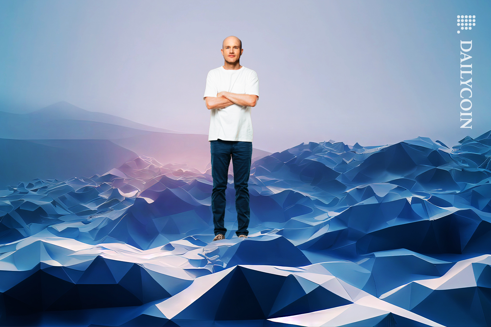 Brian Armstrong standing with his arms crossed on a Geometric low mountains terrain.
