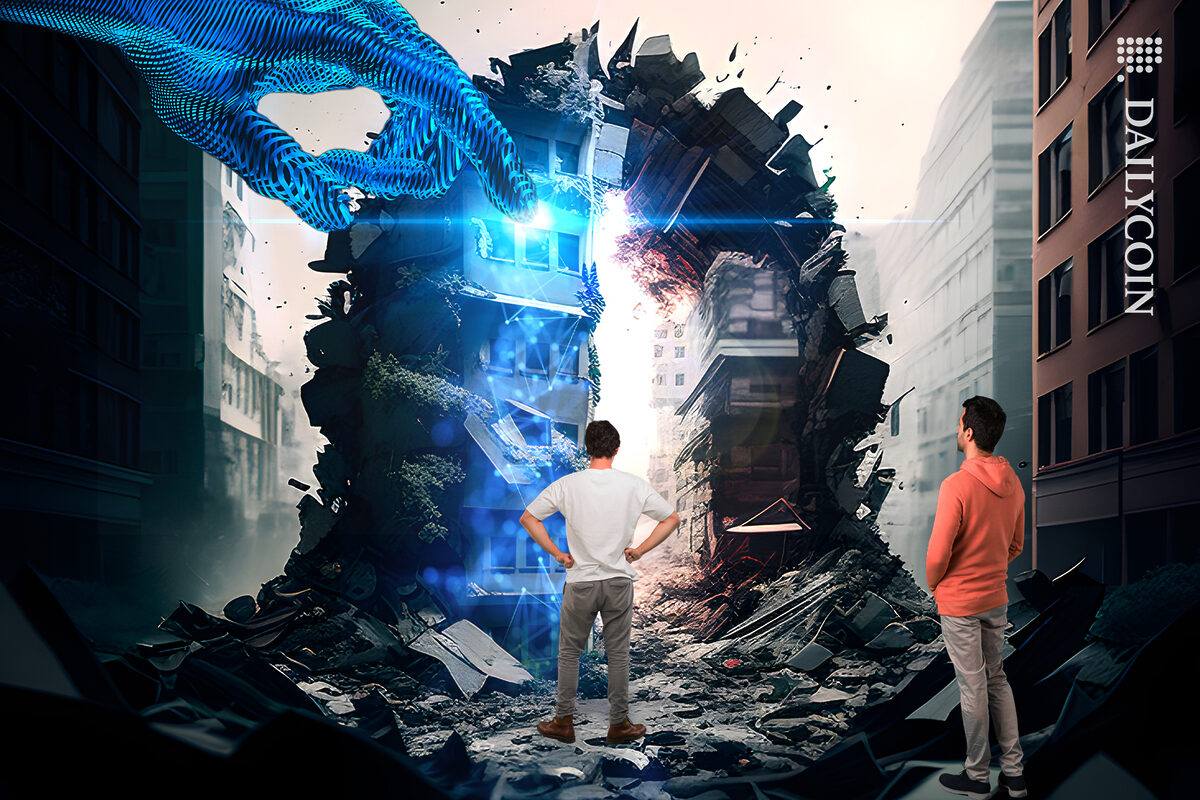 Two men looking at the collapsed building ruins and a technology hand with a spark and DeFi touching the building.