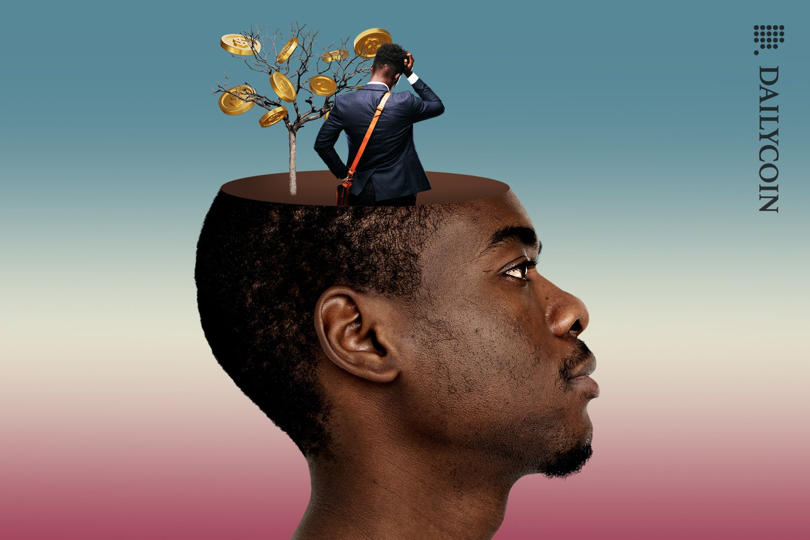 A leafless tree with coins hanging off its branches and a man scratching his head on top of mans head looking sideways.
