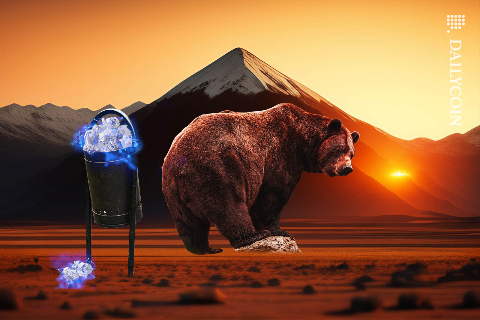 A huge bear walking away from a bin full of glowing blockchain documents.