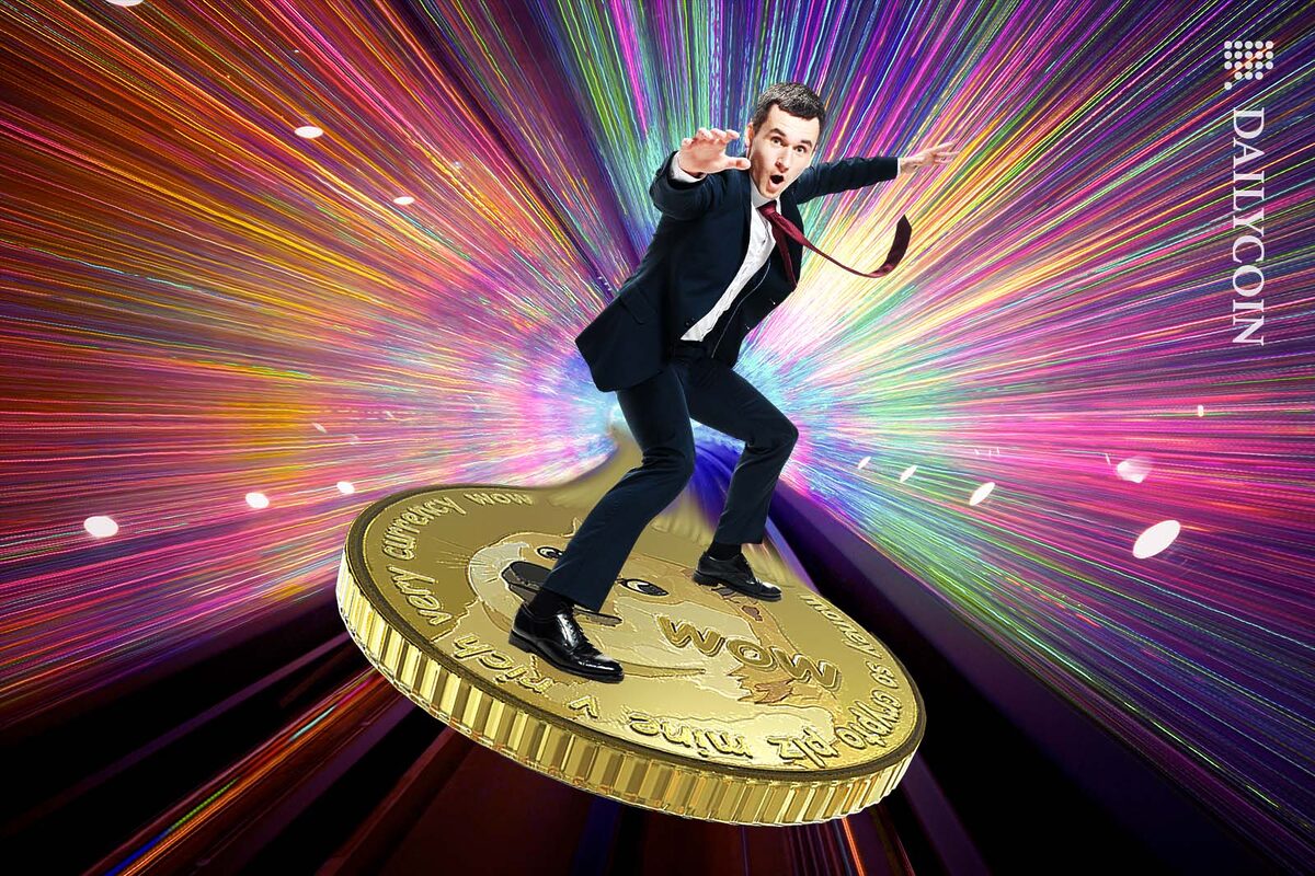 A man in suit surfing on a Dogecoin through a tunnel filled with colourful lights.